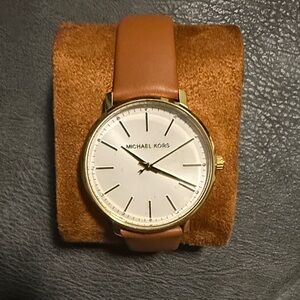 Michael Kors Gold Case Watch with Tan Leather Strap and Ivory Dial